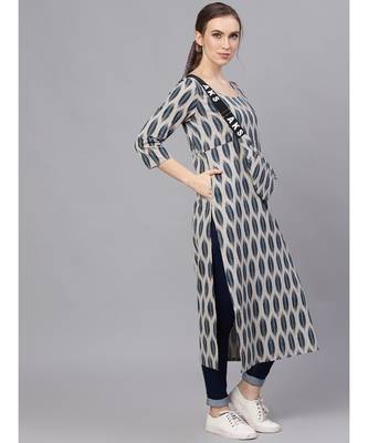 Grey & Blue Ikat Printed Straight Kurta With Pouch 4