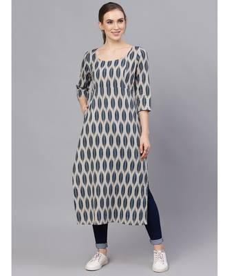 Grey & Blue Ikat Printed Straight Kurta With Pouch 5