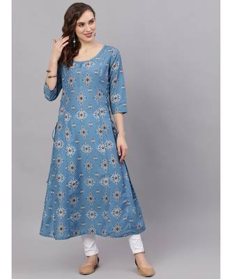Blue & Brown Printed A-Line Kurta 1