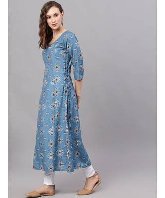Blue & Brown Printed A-Line Kurta 2