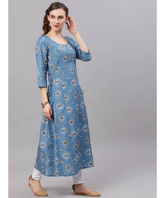 Blue & Brown Printed A-Line Kurta 3