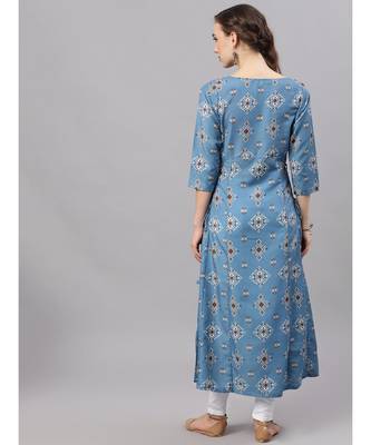 Blue & Brown Printed A-Line Kurta 4