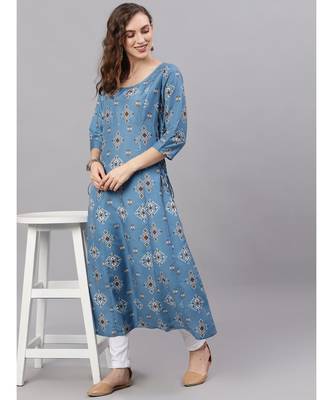 Blue & Brown Printed A-Line Kurta 5