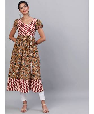Mustard & Maroon Kalamkari Floral Printed High Silt Anarkali 1