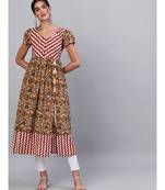 Mustard & Maroon Kalamkari Floral Printed High Silt Anarkali