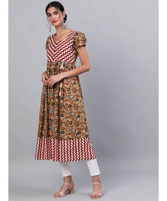 Mustard & Maroon Kalamkari Floral Printed High Silt Anarkali 2