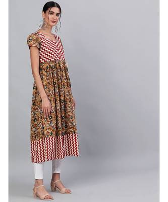Mustard & Maroon Kalamkari Floral Printed High Silt Anarkali 3