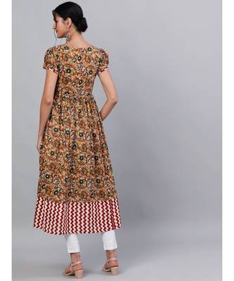 Mustard & Maroon Kalamkari Floral Printed High Silt Anarkali 4
