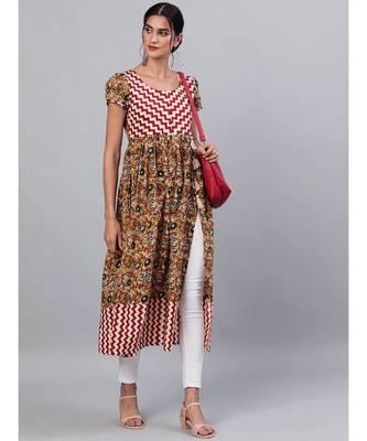 Mustard & Maroon Kalamkari Floral Printed High Silt Anarkali 5