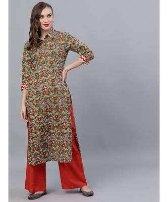 Green & Red Kalamkari Floral Printed Pathani Kurta 1