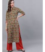 Green & Red Kalamkari Floral Printed Pathani Kurta