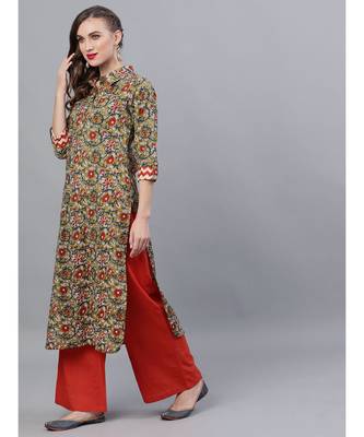 Green & Red Kalamkari Floral Printed Pathani Kurta 2