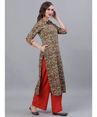 Green & Red Kalamkari Floral Printed Pathani Kurta 3