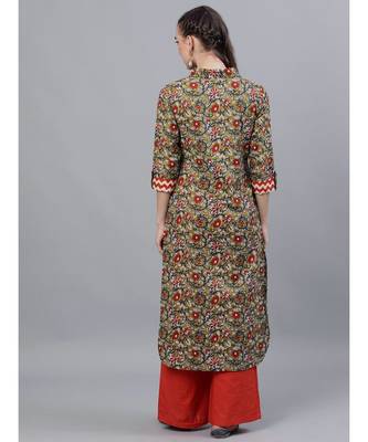 Green & Red Kalamkari Floral Printed Pathani Kurta 4