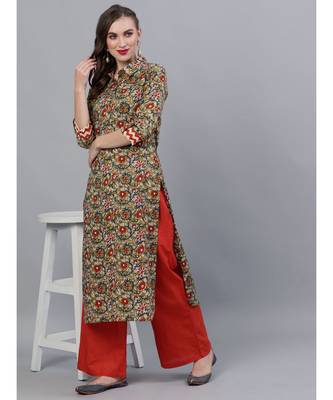 Green & Red Kalamkari Floral Printed Pathani Kurta 5