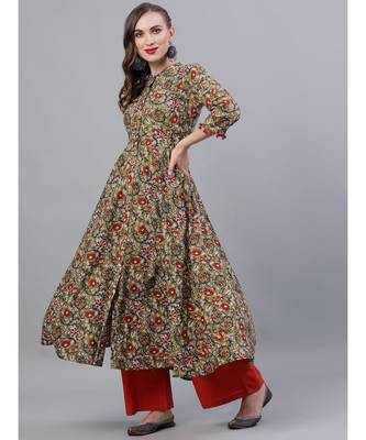 Green & Red Kalamkari Floral Printed Flared Kurta 1