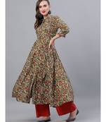 Green & Red Kalamkari Floral Printed Flared Kurta
