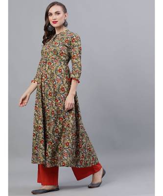 Green & Red Kalamkari Floral Printed Flared Kurta 2