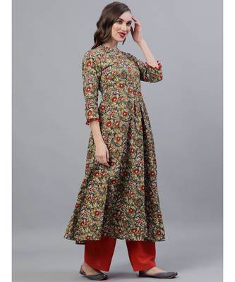 Green & Red Kalamkari Floral Printed Flared Kurta 3