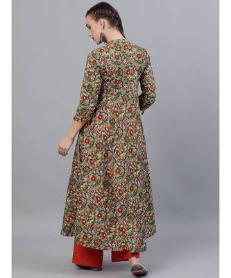 Green & Red Kalamkari Floral Printed Flared Kurta 4