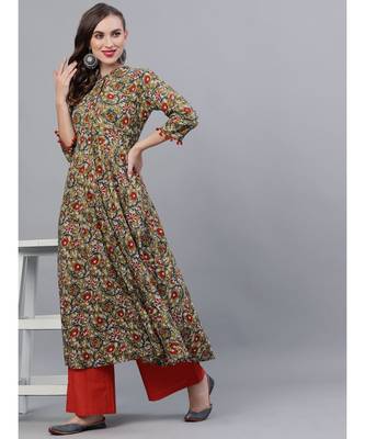 Green & Red Kalamkari Floral Printed Flared Kurta 5