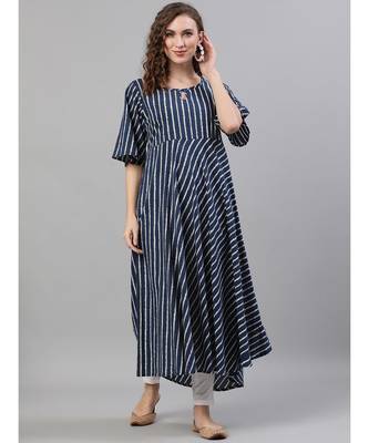 Navy Blue & White Striped Printed Flared Anarkali 1