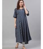 Navy Blue & White Striped Printed Flared Anarkali