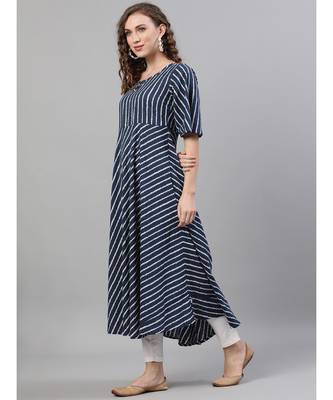 Navy Blue & White Striped Printed Flared Anarkali 2