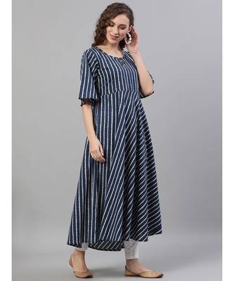 Navy Blue & White Striped Printed Flared Anarkali 3