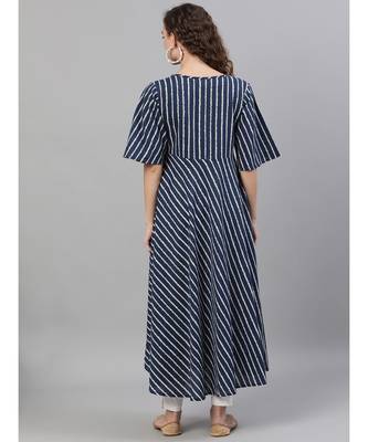 Navy Blue & White Striped Printed Flared Anarkali 4