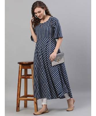 Navy Blue & White Striped Printed Flared Anarkali 5