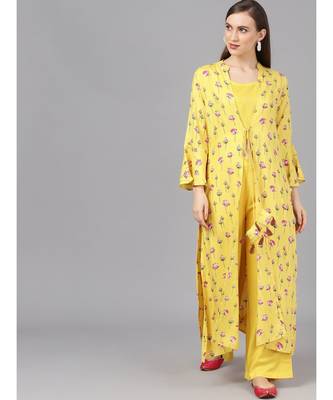 Yellow & Magenta Printed Crop Top Palazzo & Jacket 1
