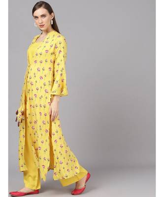 Yellow & Magenta Printed Crop Top Palazzo & Jacket 4