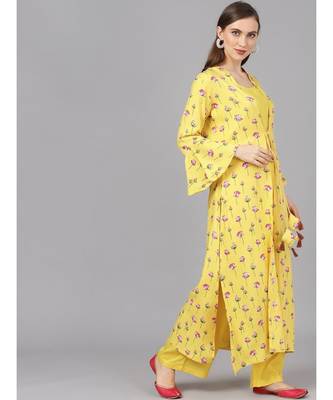 Yellow & Magenta Printed Crop Top Palazzo & Jacket 5