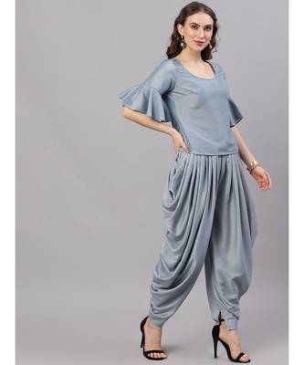 Pastel Blue Chinon Design Top With Dhoti Pant 5