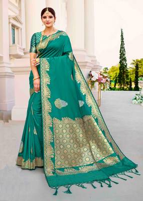 Teal woven silk saree with blouse 1