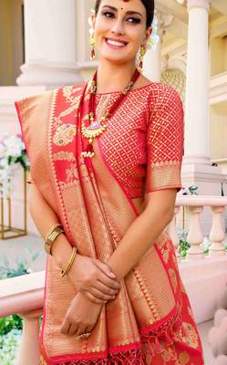 Light red woven silk saree with blouse 3
