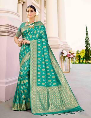 Green woven silk saree with blouse 1