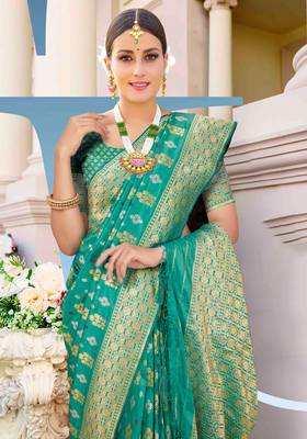 Green woven silk saree with blouse 2