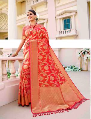 Light red woven silk saree with blouse 1