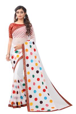 White organza multi colour embriodered Saree with jacquard lace and blouse piece. 1