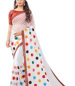 White organza multi colour embriodered Saree with jacquard lace and blouse piece.