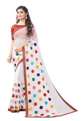 White organza multi colour embriodered Saree with jacquard lace and blouse piece. 2