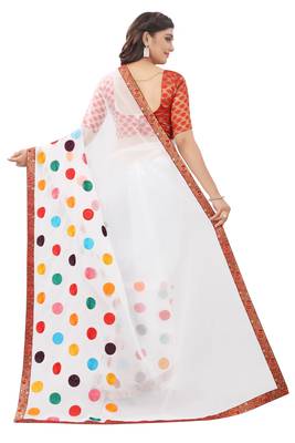 White organza multi colour embriodered Saree with jacquard lace and blouse piece. 3