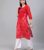 Red embroidered georgette chikankari-kurtis
