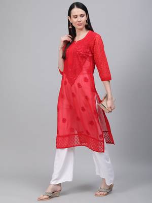 Red embroidered georgette chikankari-kurtis 1
