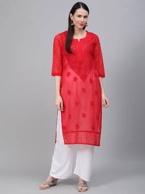 Red embroidered georgette chikankari-kurtis 3