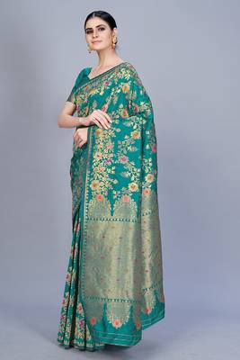 Teal woven art silk saree saree with blouse 5