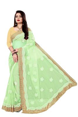 Light green embroidered net saree with blouse 1