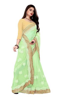 Light green embroidered net saree with blouse 3